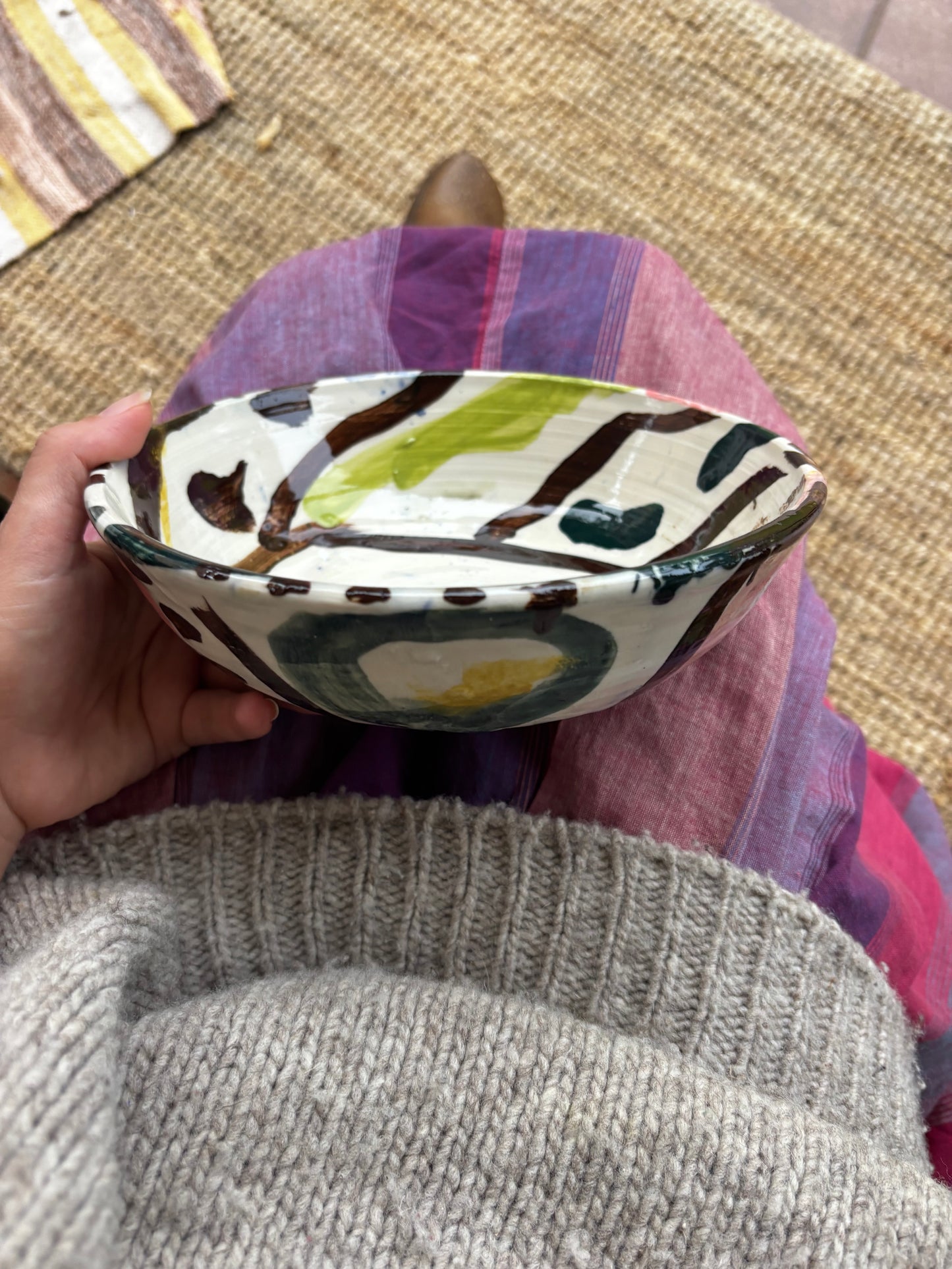 Abstract Bowl in Brown, Pink and Greens