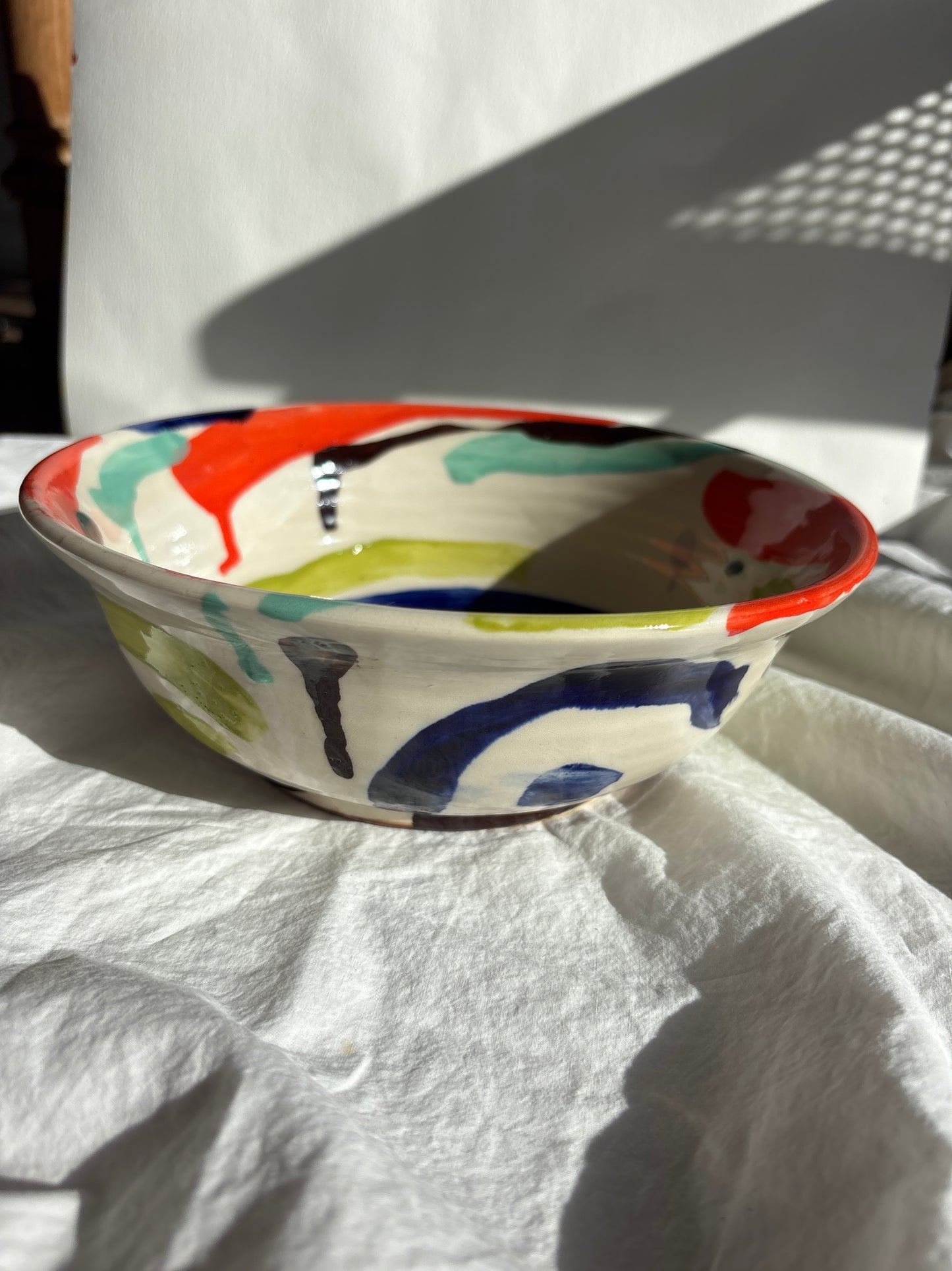 Abstract Medium Bowk in Orange-Red, Blues and Chartreuse