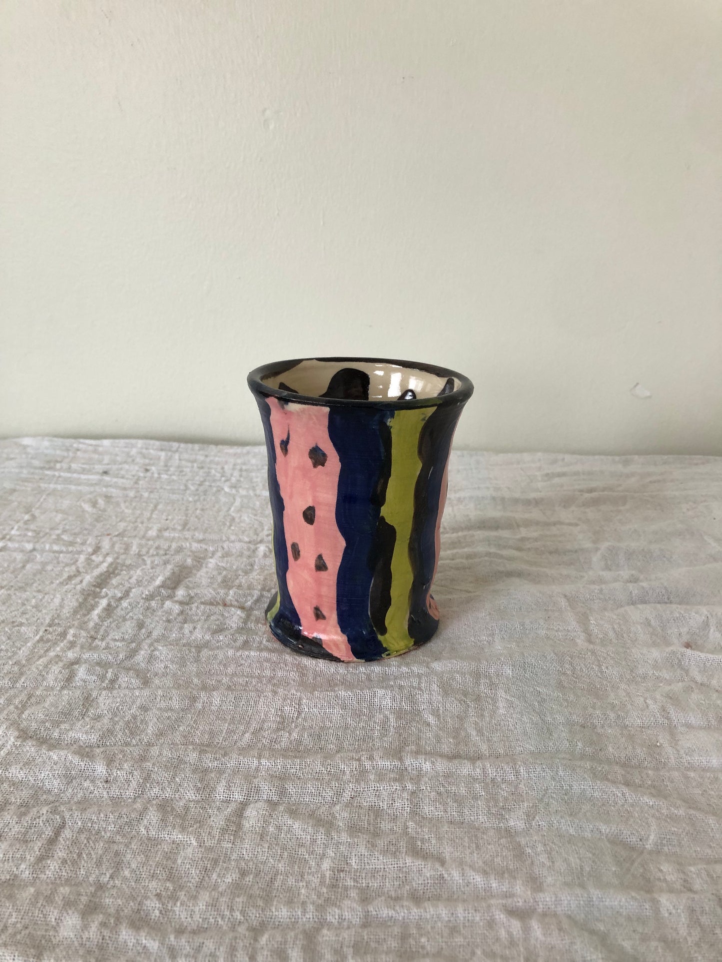 Fancy Tumbler in chartreuse, pink, chocolate and indigo