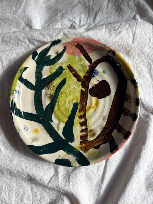 Abstract Cake Plate in Browns, Greens and Pink