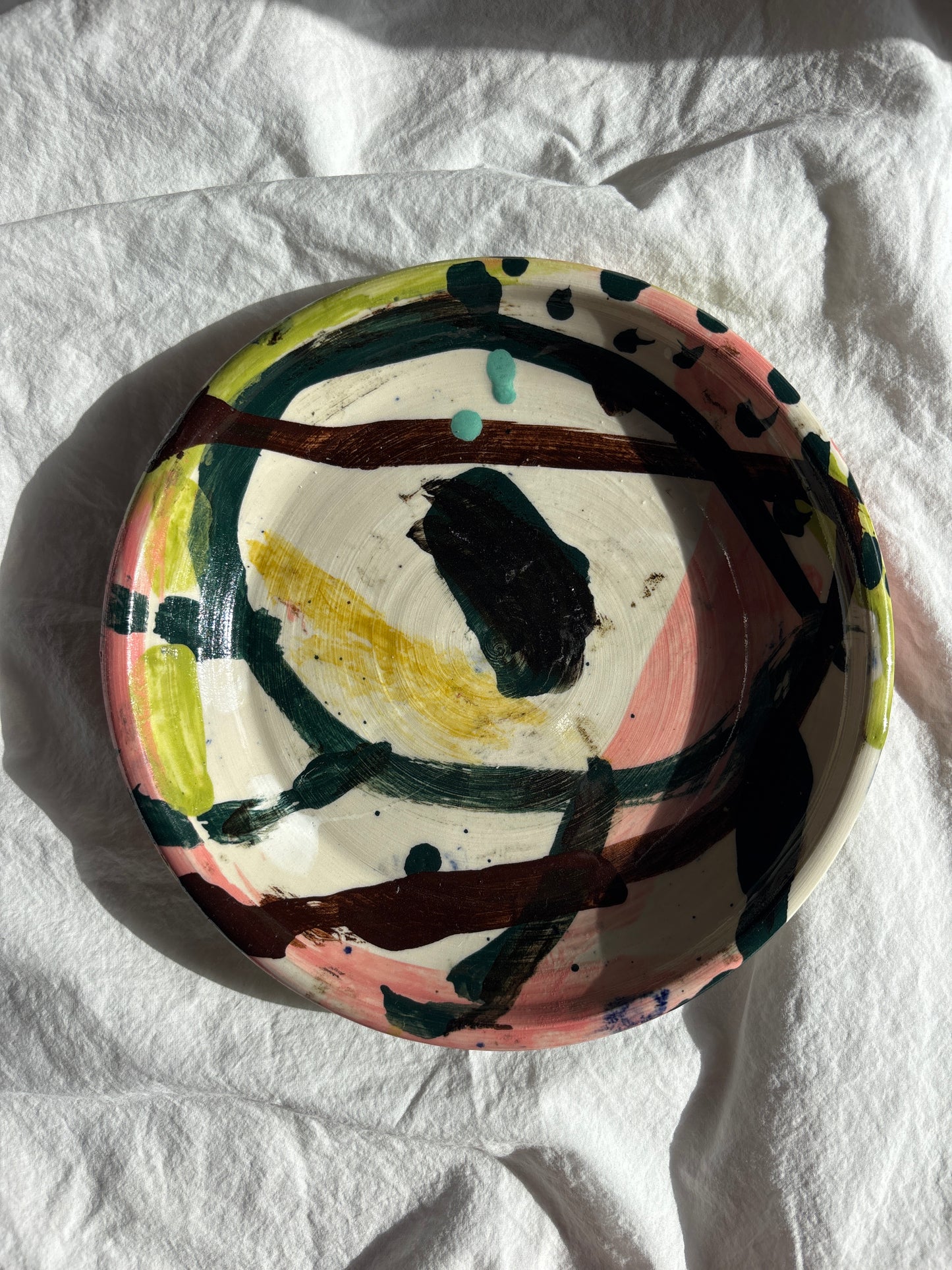Abstract Cake Plate in Pink and Peacock