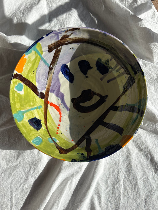 Large Chartreuse and Purple Abstract Bowl