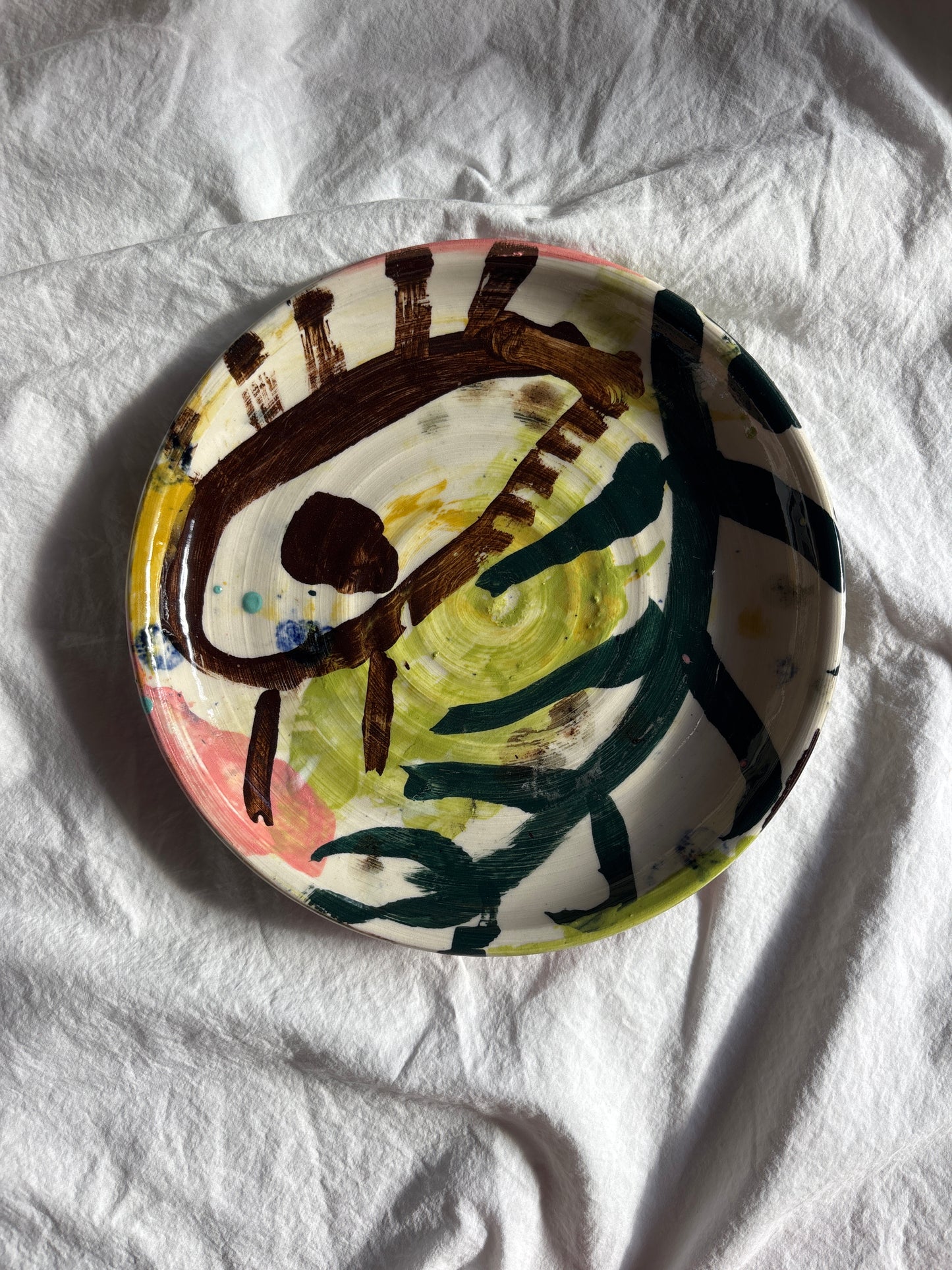 Abstract Cake Plate in Browns, Greens and Pink