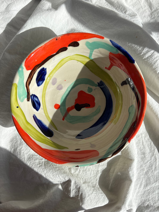 Abstract Medium Bowk in Orange-Red, Blues and Chartreuse
