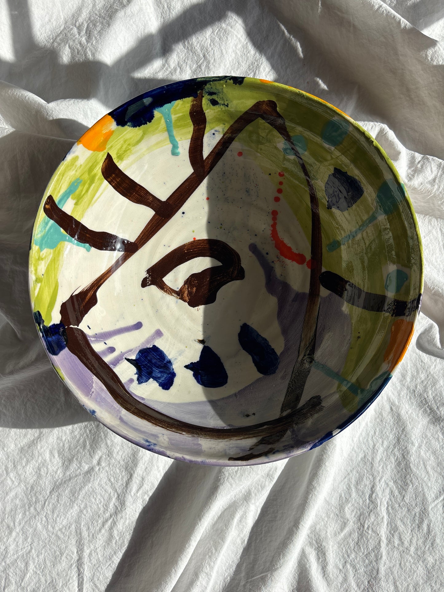 Large Chartreuse and Purple Abstract Bowl