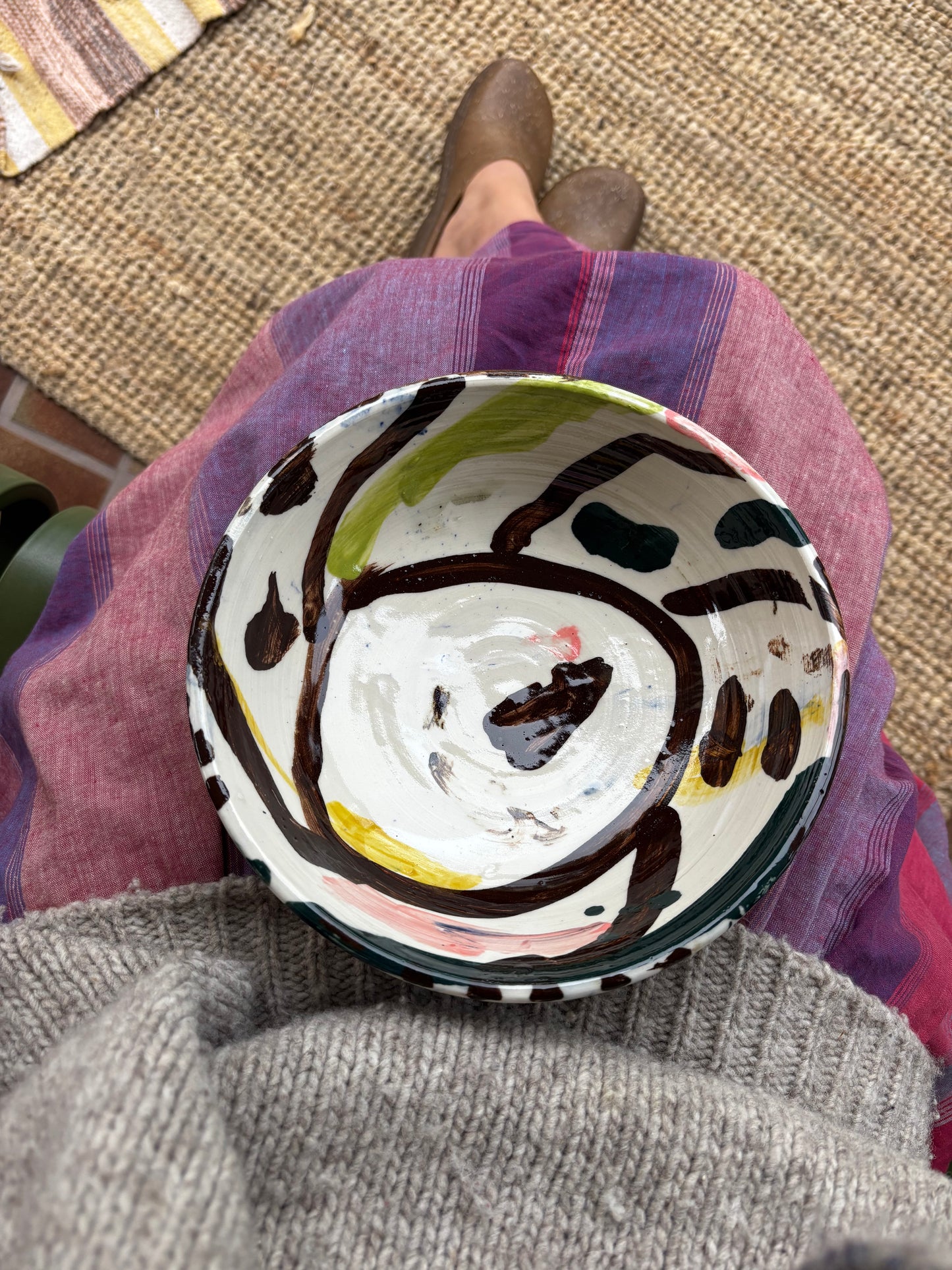 Abstract Bowl in Brown, Pink and Greens