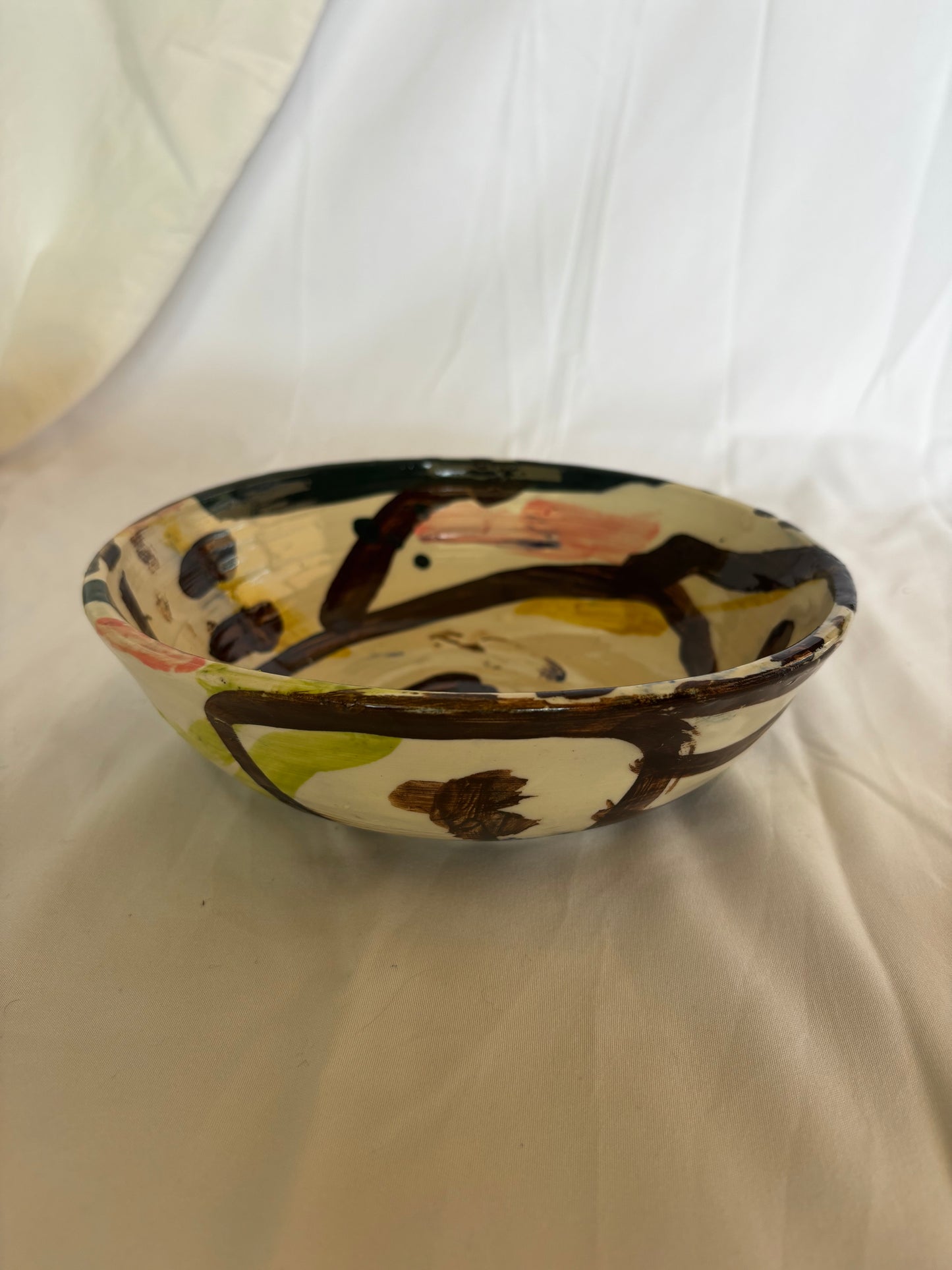 Abstract Bowl in Brown, Pink and Greens