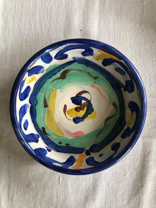 Large Tapas Dish in Blue and White w Turqoiuse, Coral and Orange