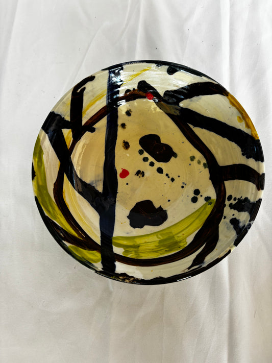 Abstract Bowl in Brown, Chartreuse and Cobalt
