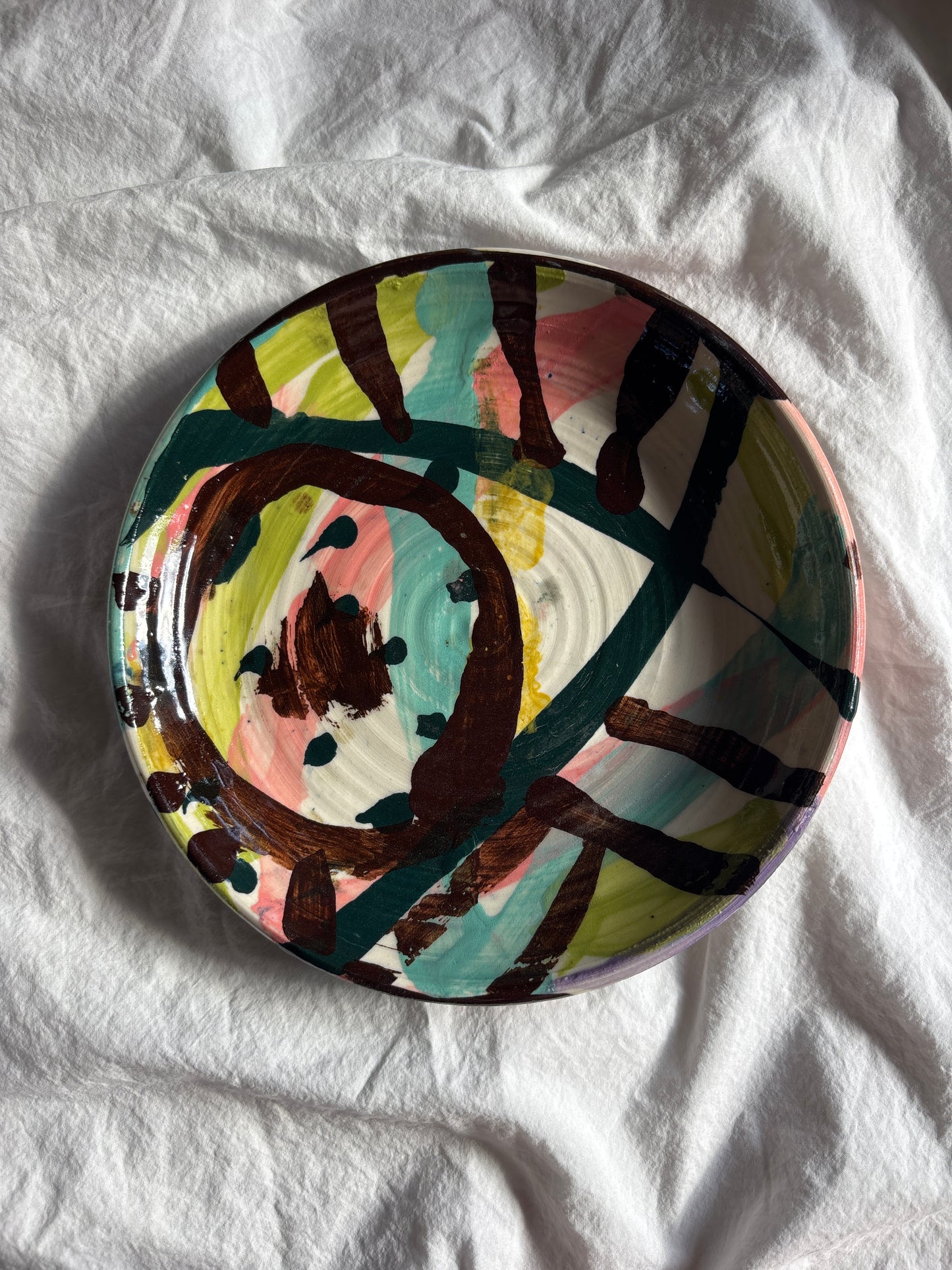 Abstract Cake Plate in Brown, Pink and Greens