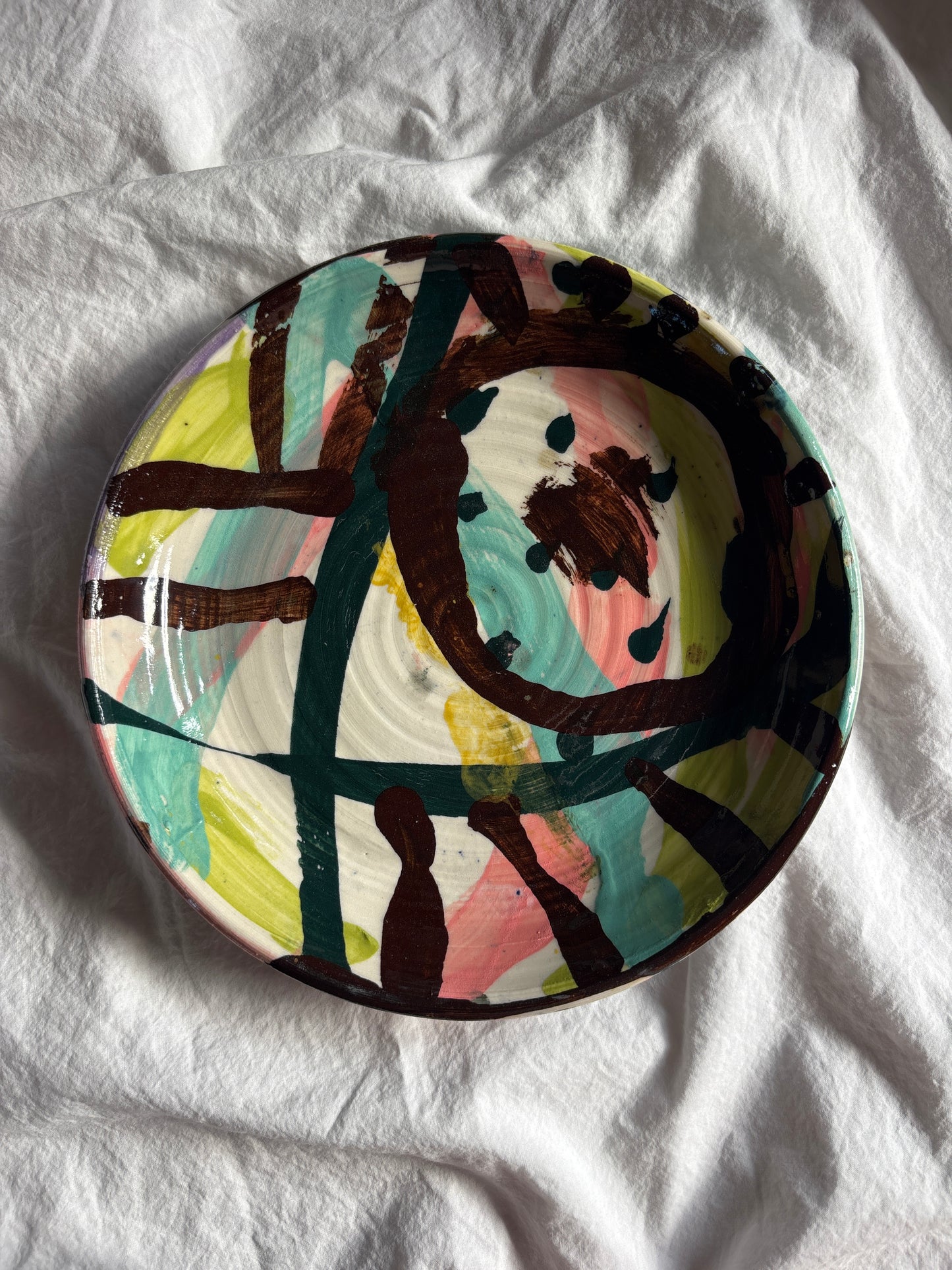 Abstract Cake Plate in Brown, Pink and Greens