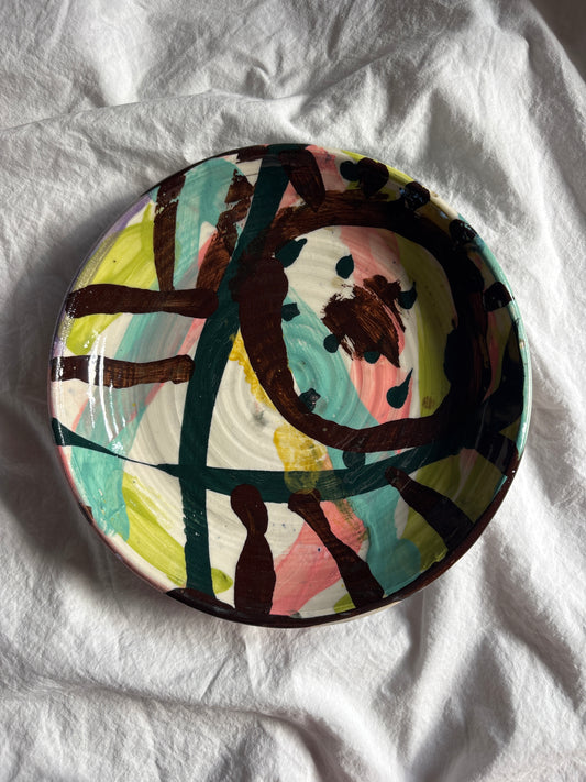 Abstract Cake Plate in Brown, Pink and Greens