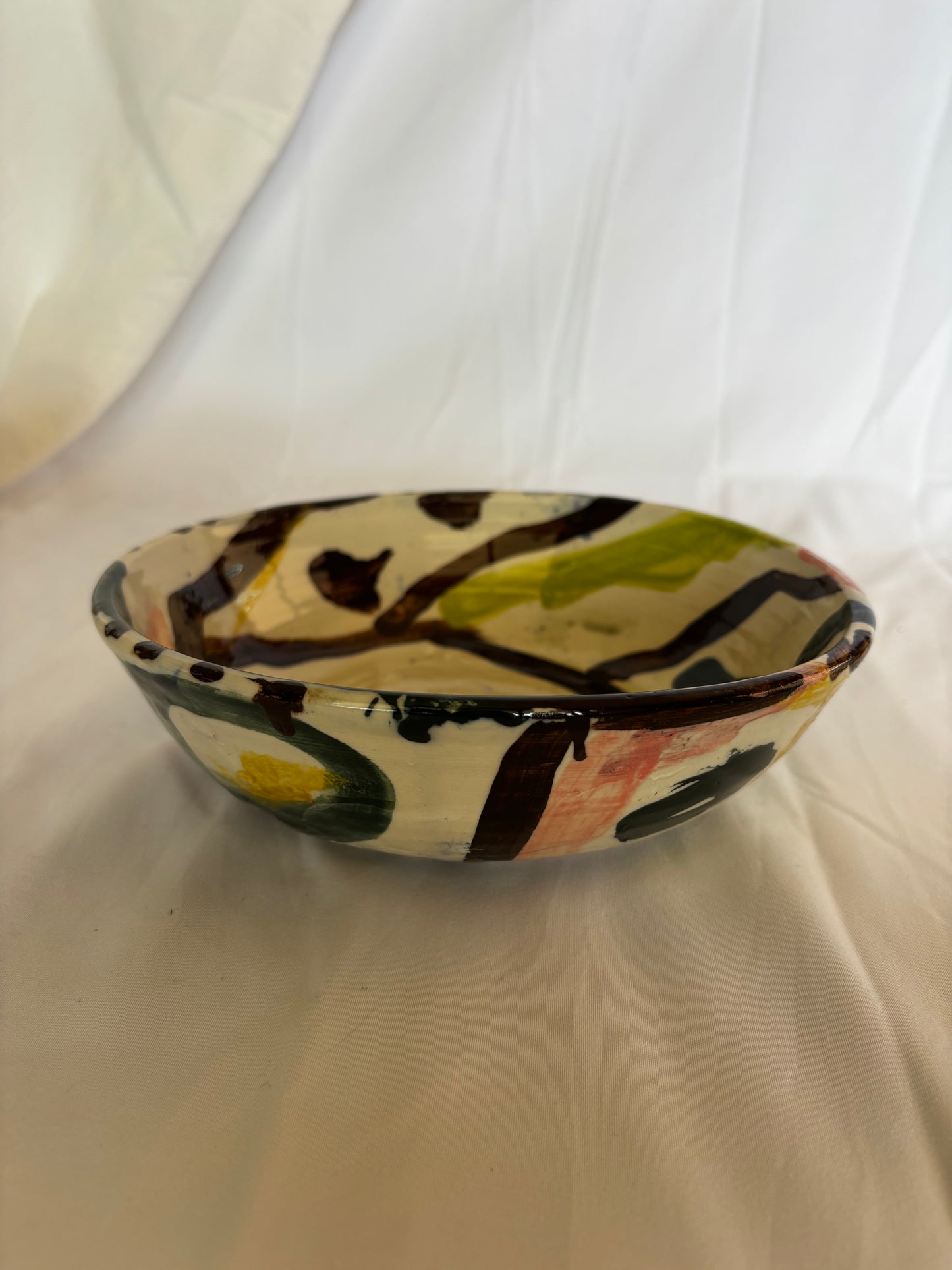Abstract Bowl in Brown, Pink and Greens