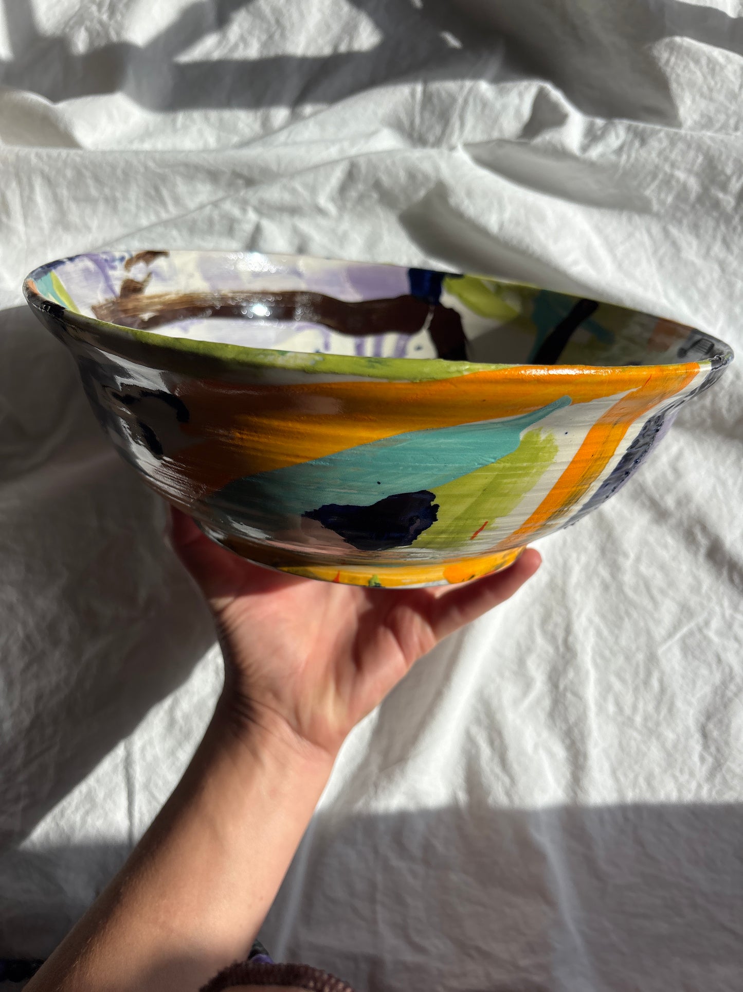 Large Chartreuse and Purple Abstract Bowl