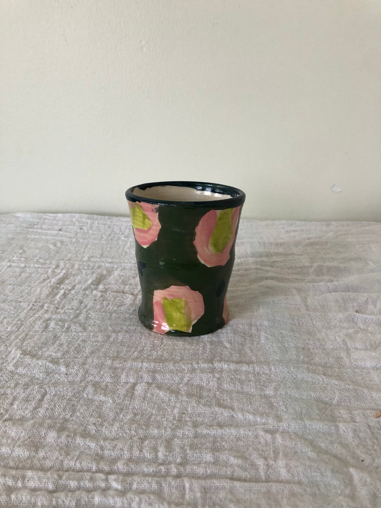 Fancy Tumbler in forest green, pink and chartreuse